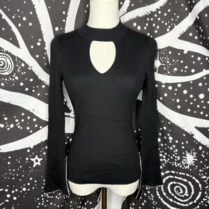 INC International Concepts Black Ribbed Keyhole Crewneck Sweater